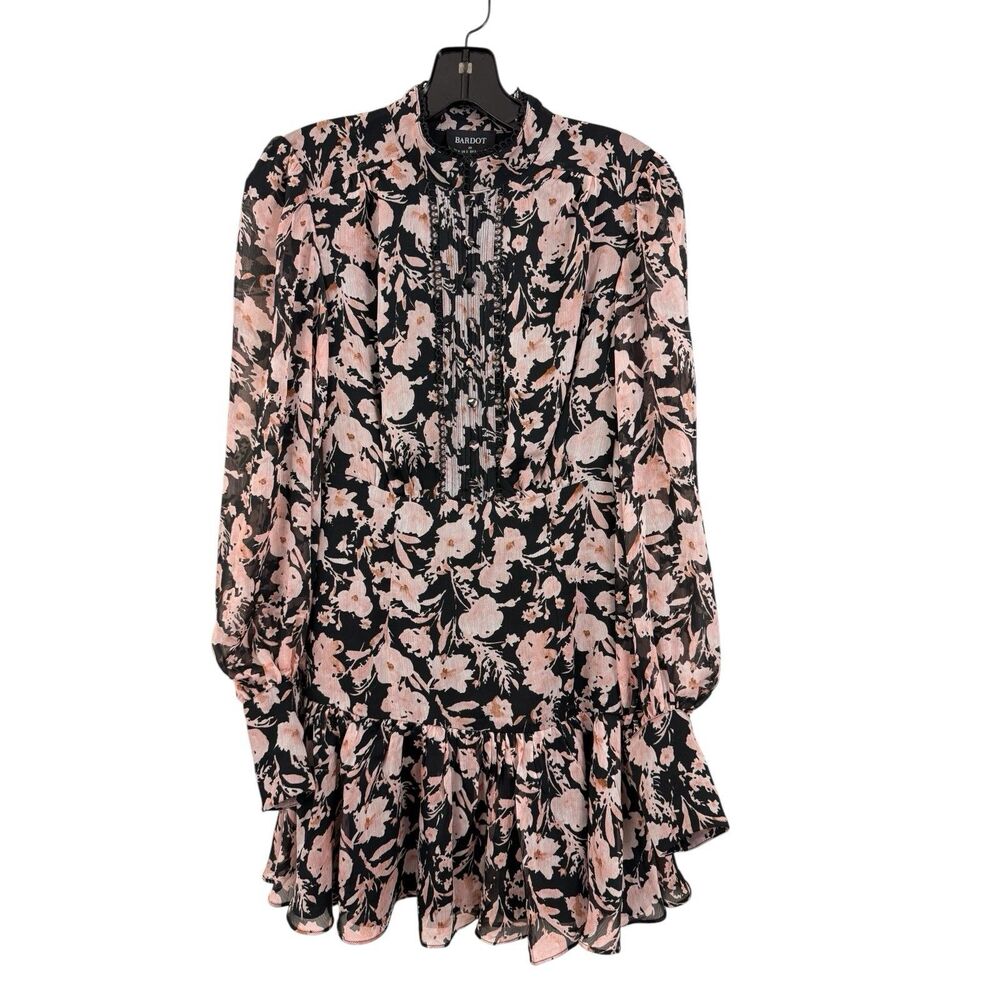 Bardot Amelie Dress Sz XS US 2 Floral Mini Black Pink High Neck Long Sleeve